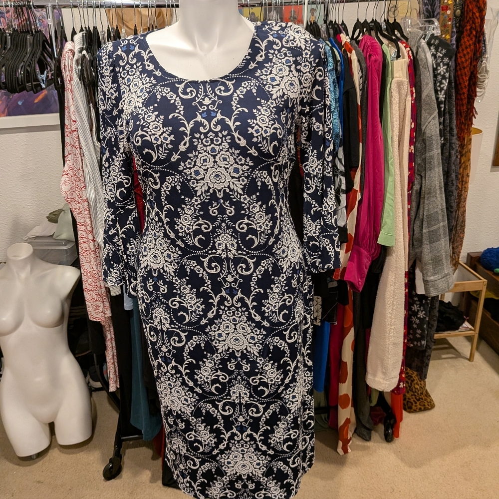 Glamour Navy and White Patterned Dress - 14